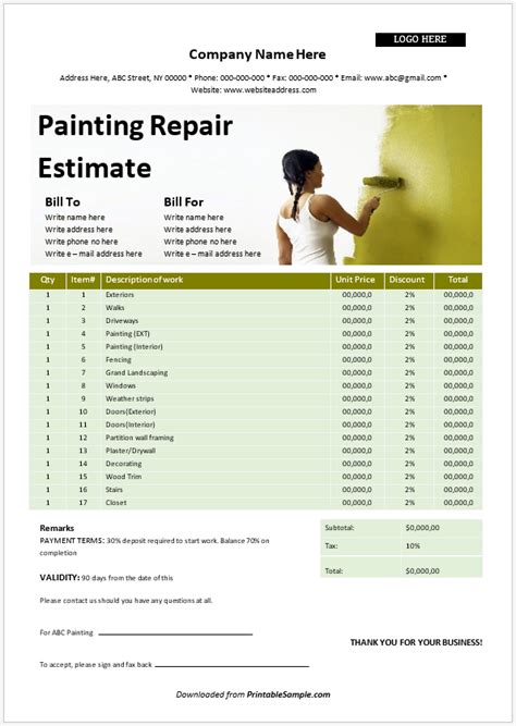 Excel Painting Estimate Template